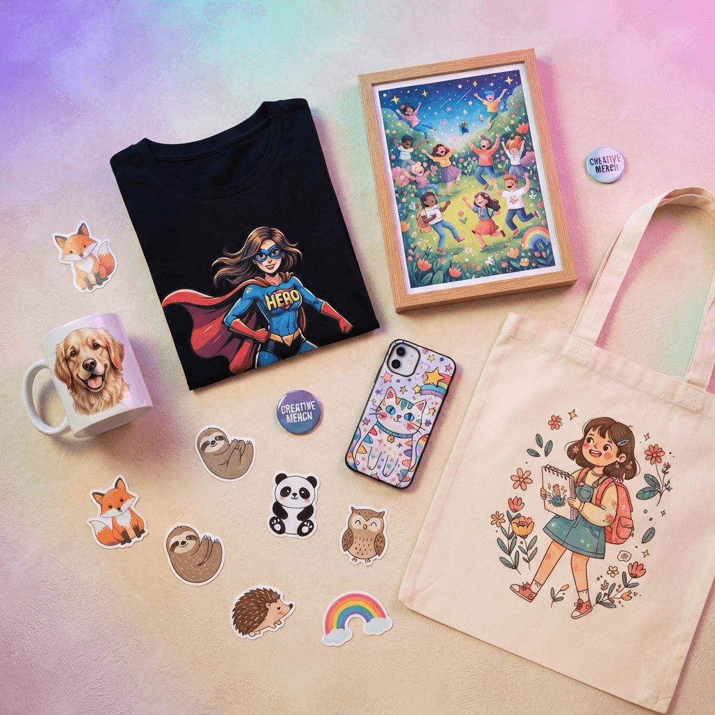 A collage of AI-customized products including a mug, t-shirt, stickers and art prints